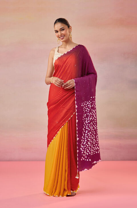 Orange Gujarat Pure Satin Tie & Dye Mukaish Saree