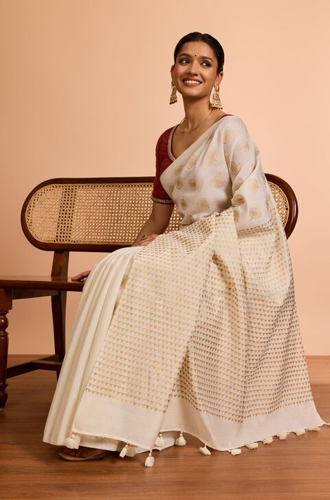 Off White  Screen Printed  Pure Silk Cotton Saree