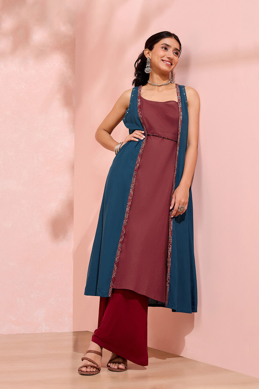 Dark Blue Viscose Cotton Mukaish Embroidered Kurta Set image number null