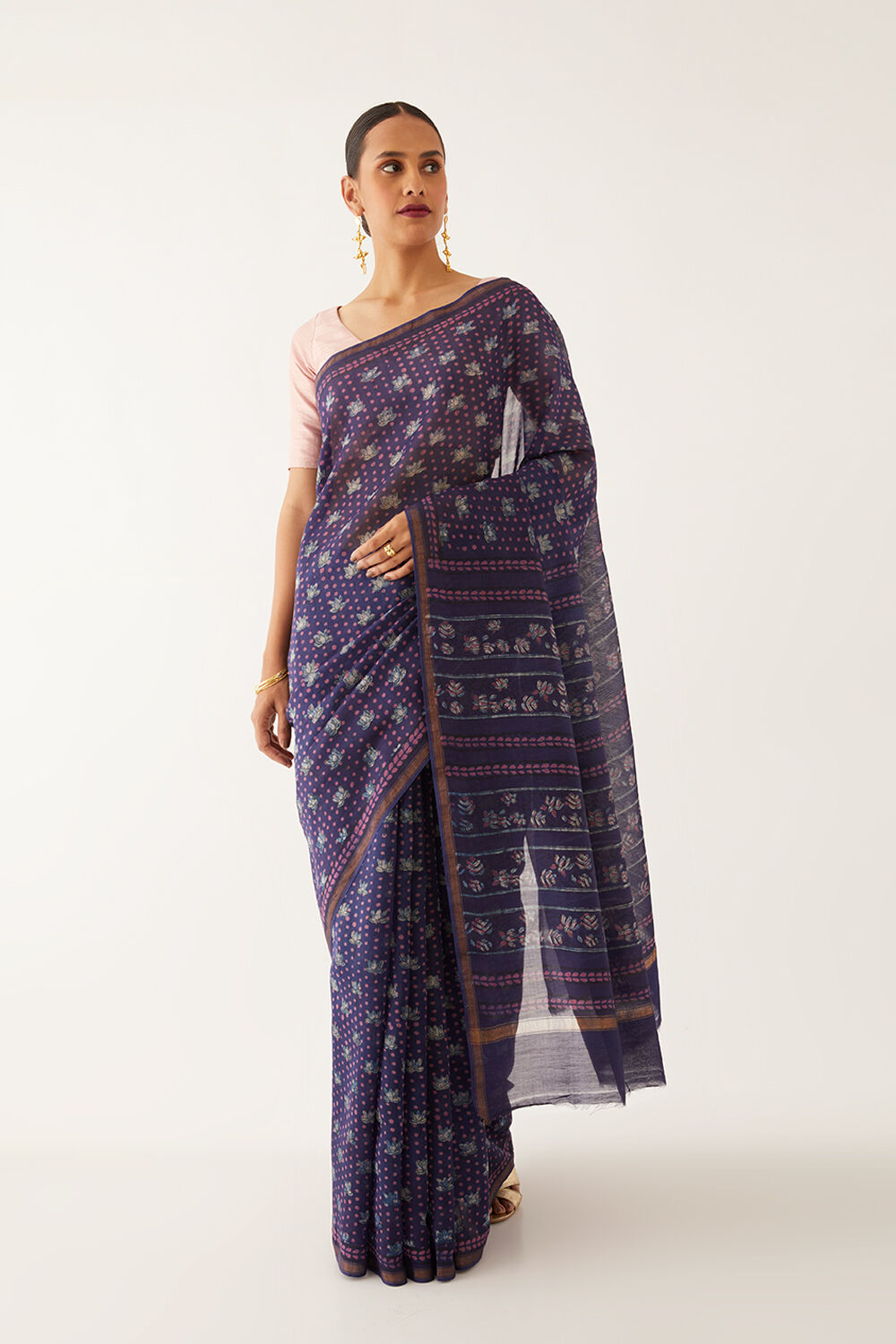 Purple Pure Silk Cotton Bagru Printed Saree image number null