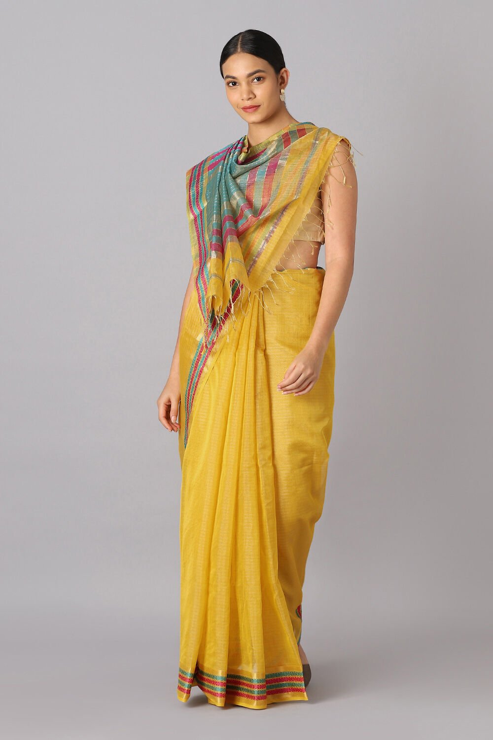 Yellow Pure Cotton Tissue Maheswari Saree image number null