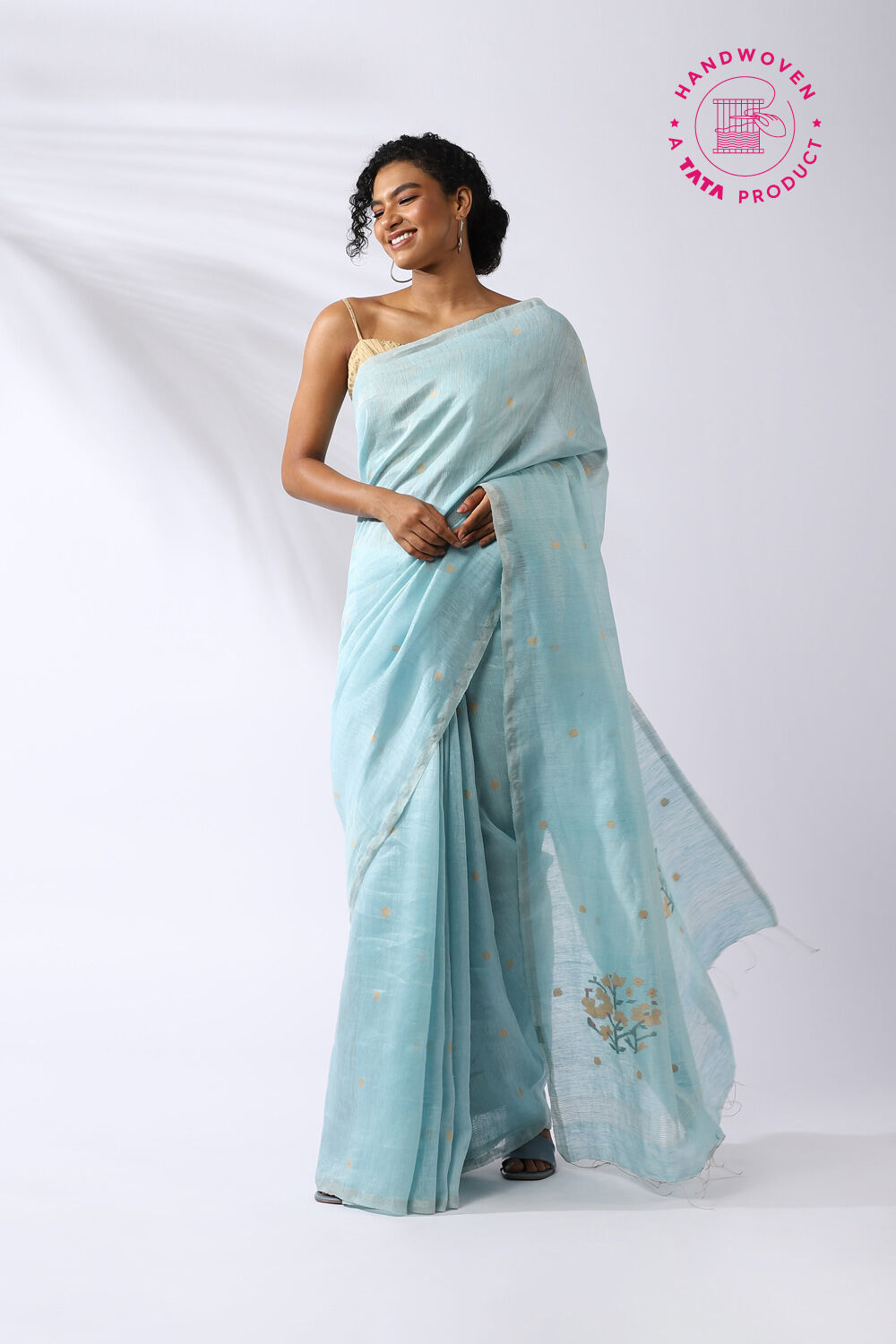 Light Blue Pure Silk Linen Jamdani Saree image number null