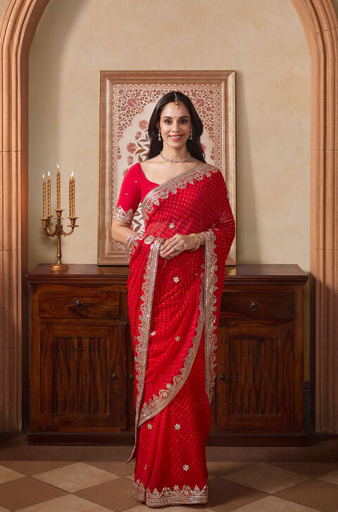 Red Pure Silk Georgette Embroidered Saree