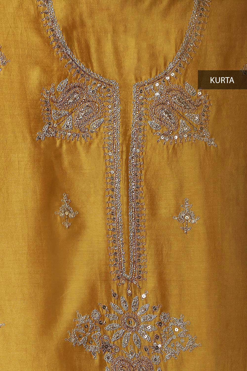 Dark Yellow Silk Cotton Embroidered Unstitched Suit Set image number null
