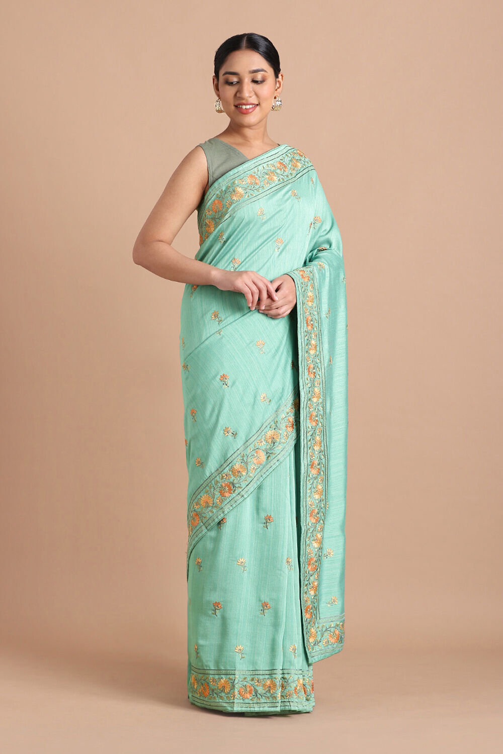 Light Pure Green Embroidered Saree image number null