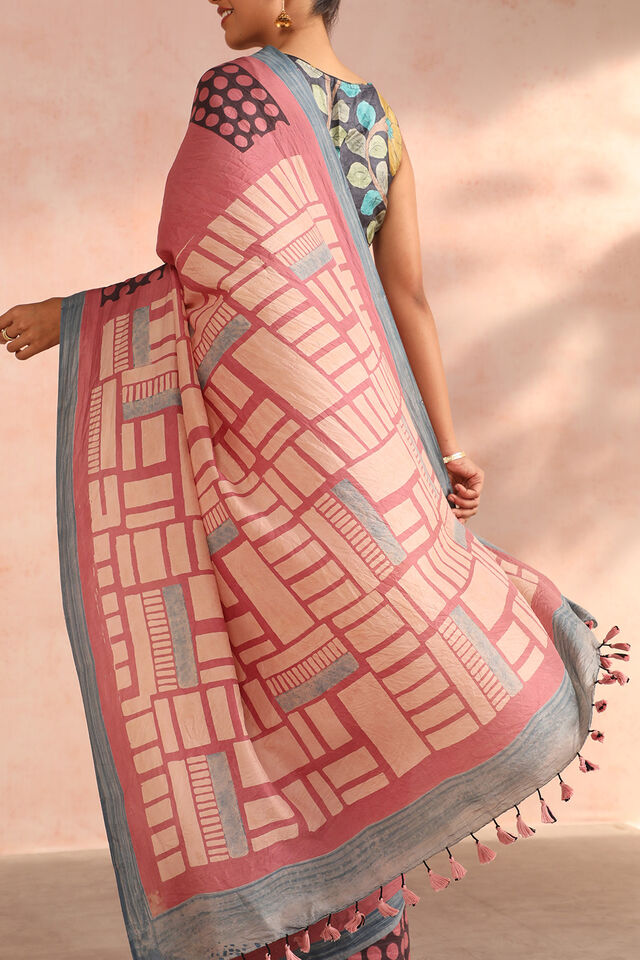 Pink Gujarat Pure Silk Ajrakh Block Print Saree