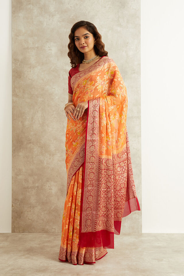 Orange Pure Silk Georgette Banarasi Cutwork Saree