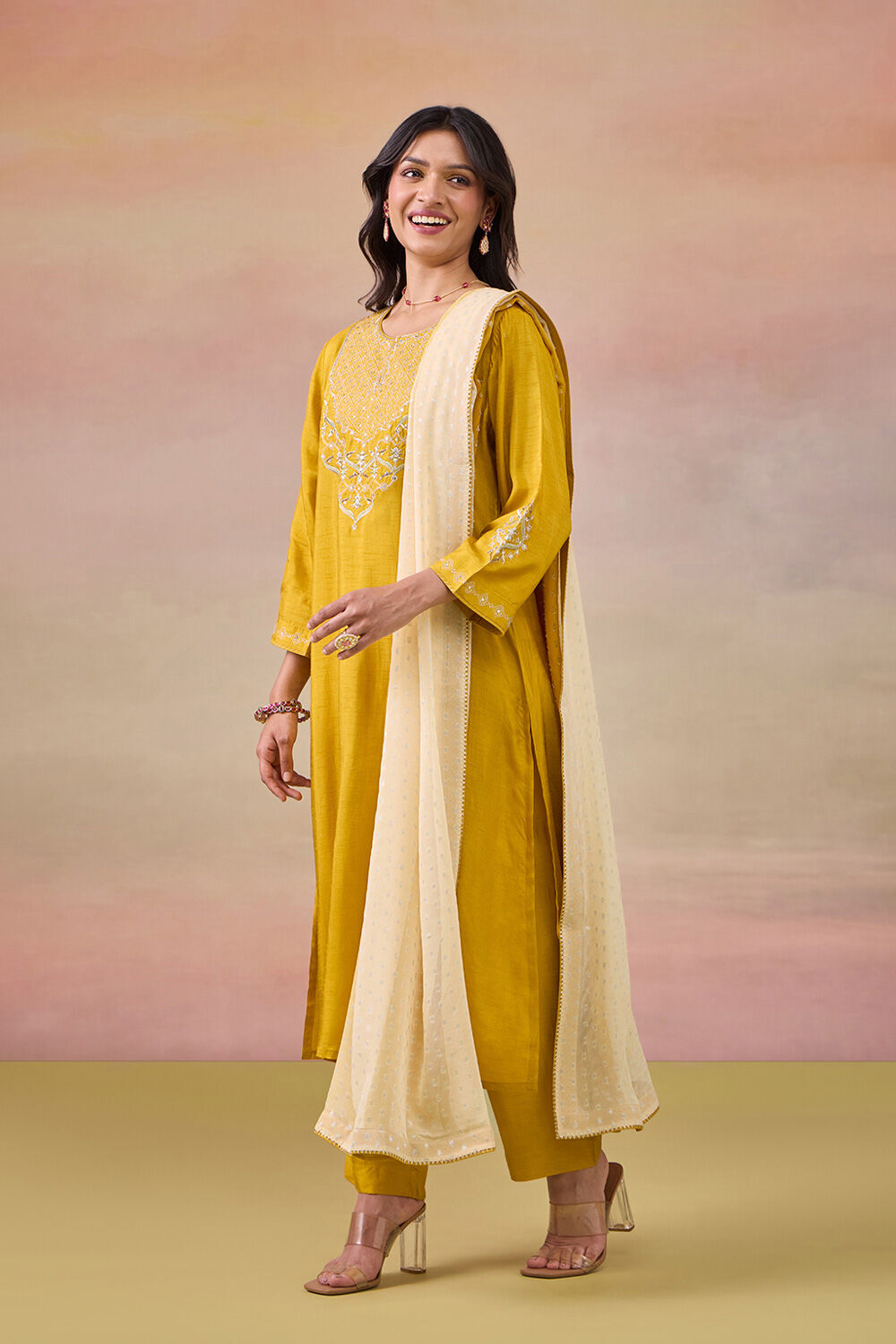 Yellow Pure Viscose Embroidered Kurta Set image number null