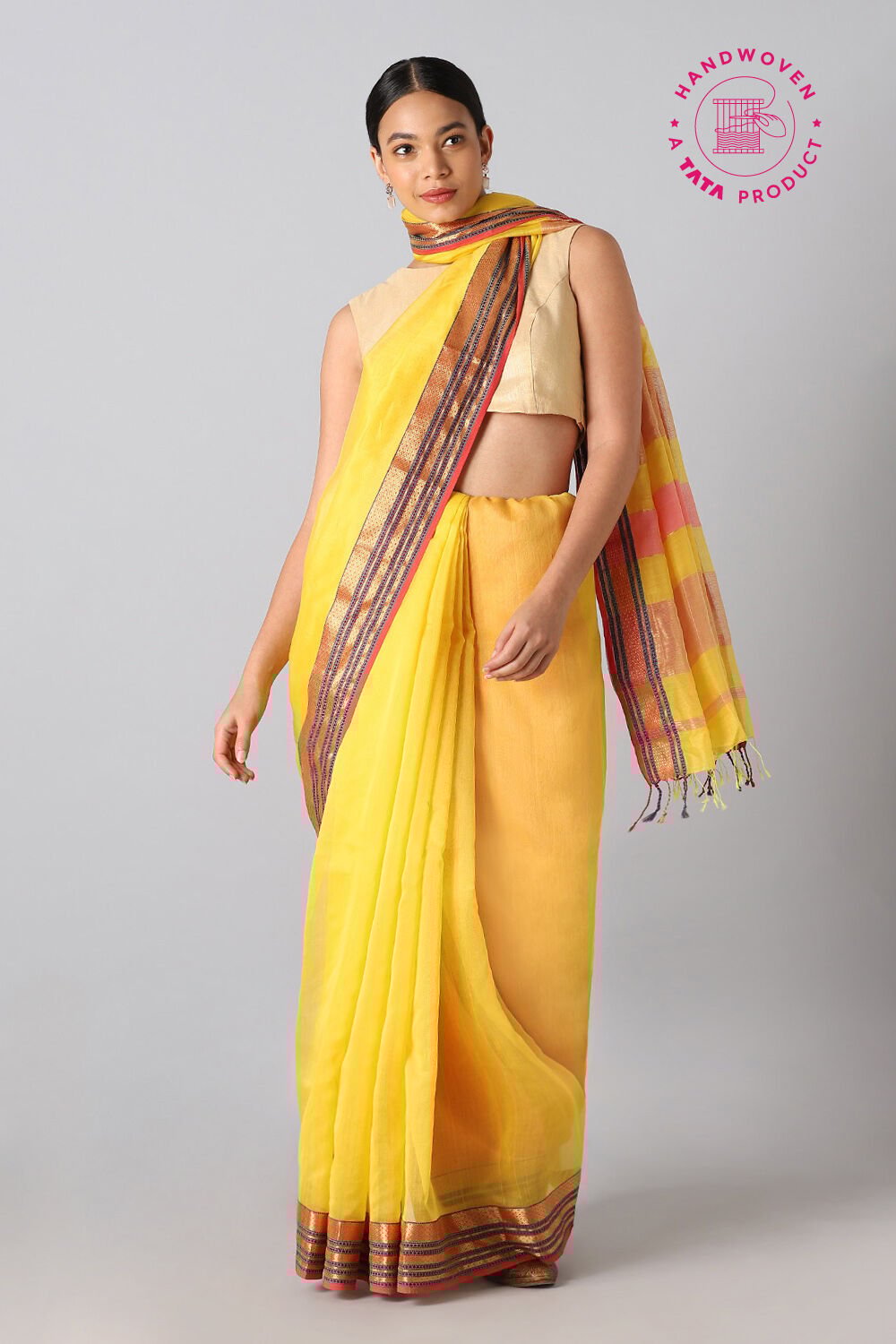 Yellow Pure Silk Cotton Maheswari Saree image number null