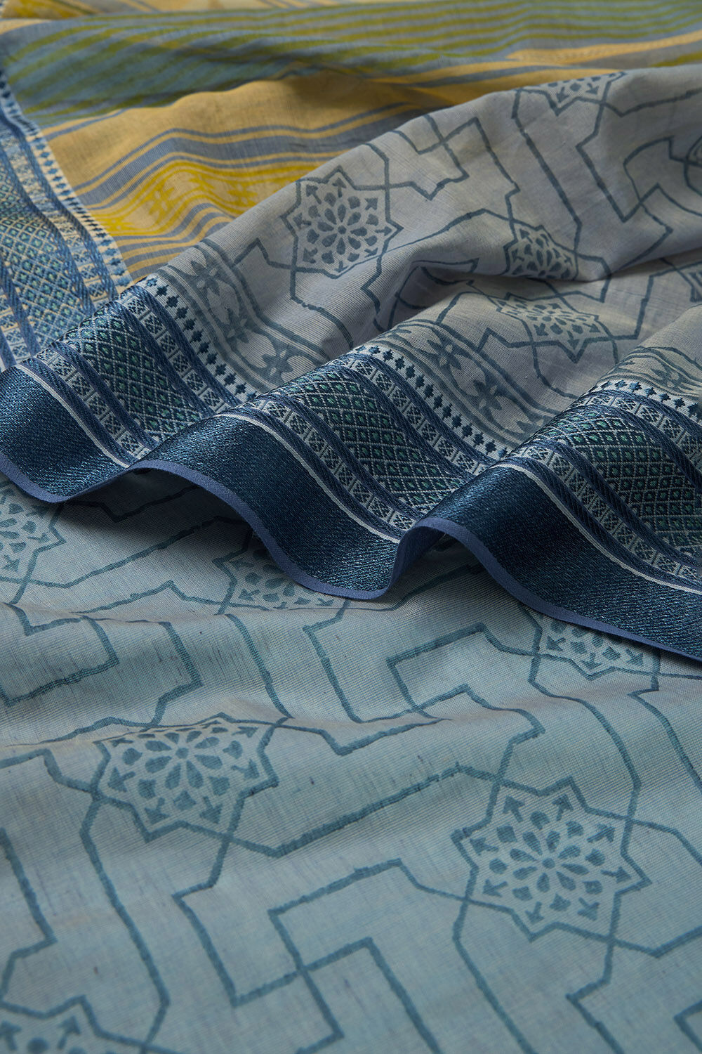 Blue Pure Cotton Block Printed Bengal Saree image number null