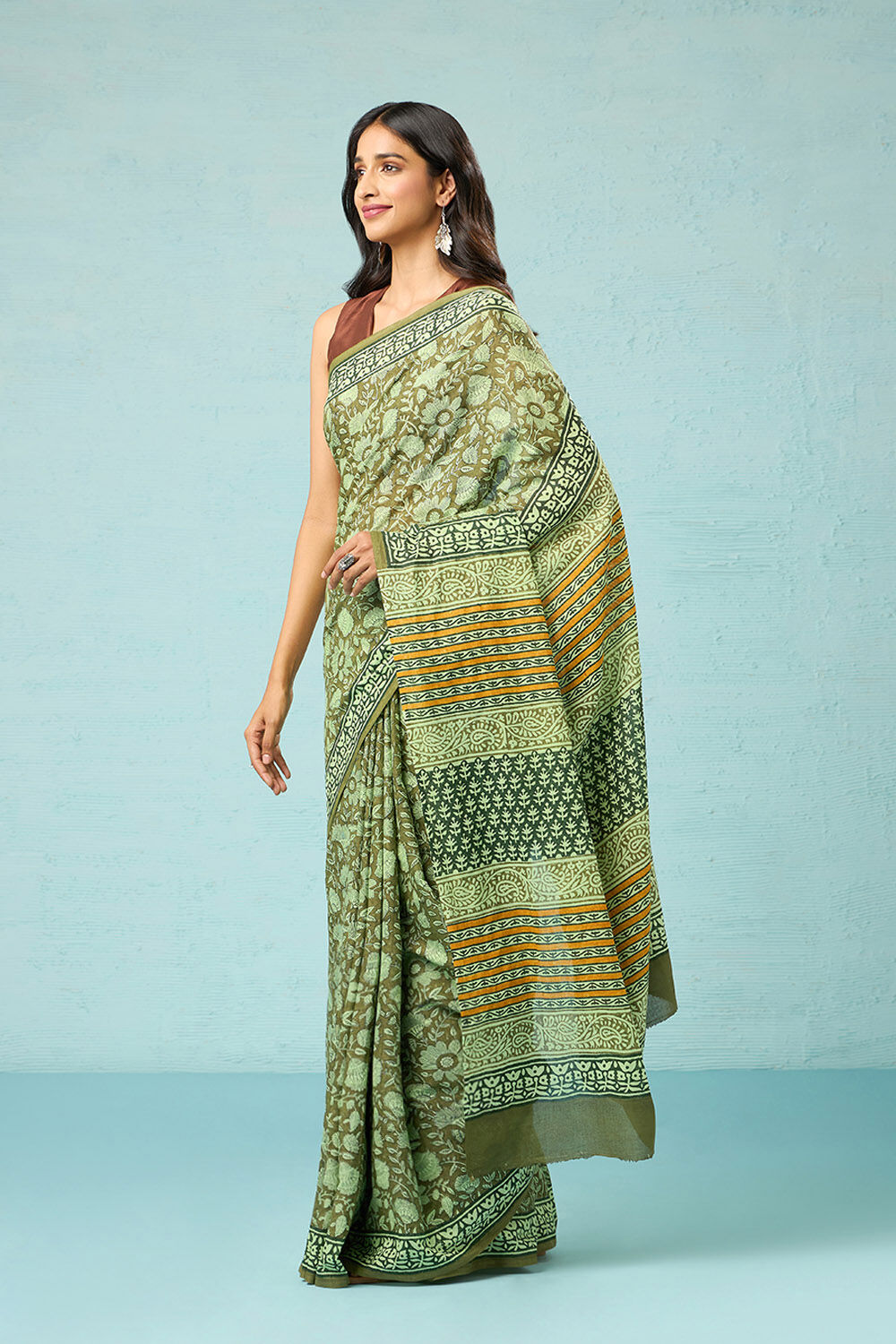 Light Green Pure Cotton Mulmul Block Printed Bengal Saree image number null