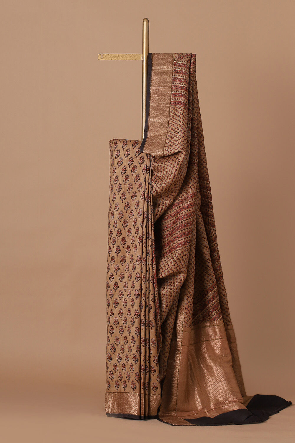 Brown Pure Silk Tussar Bagru Print and Zardosi Embroidered Saree image number null