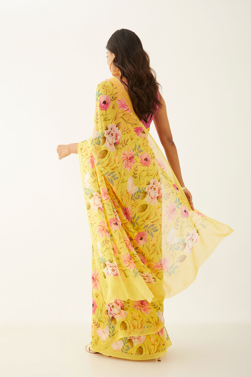 Yellow Viscose Georgette Digital Print Saree image number null