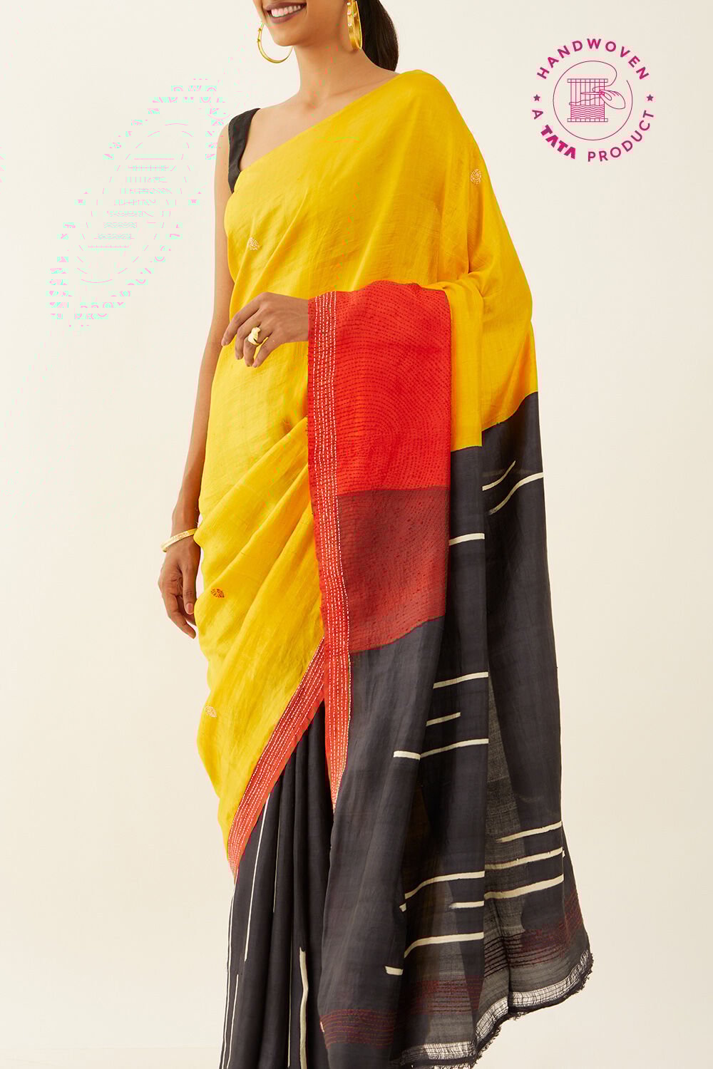 Yellow Pure Silk Hand Painted Saree image number null