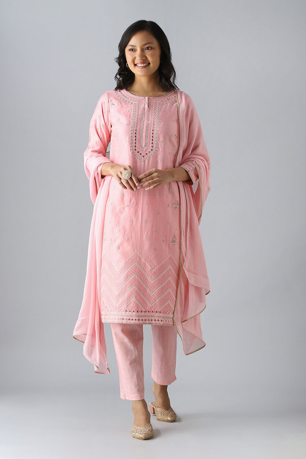 Light Pink Embroidered Silk Cotton Kurta Set image number null