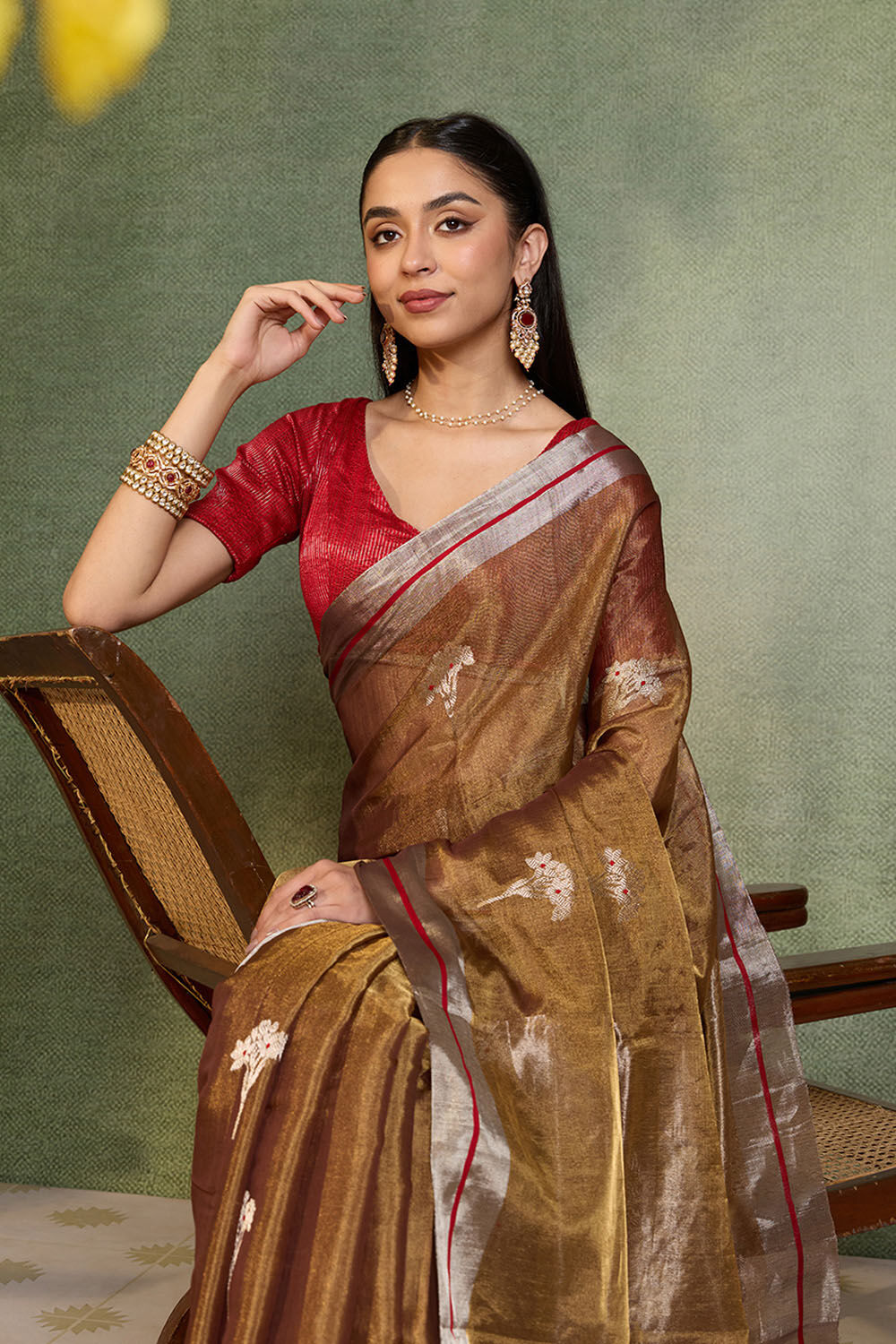 Brown Woven Pure Tissue Cotton Chanderi Saree image number null