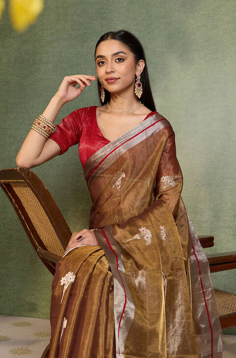 Brown Woven Pure Tissue Cotton Chanderi Saree