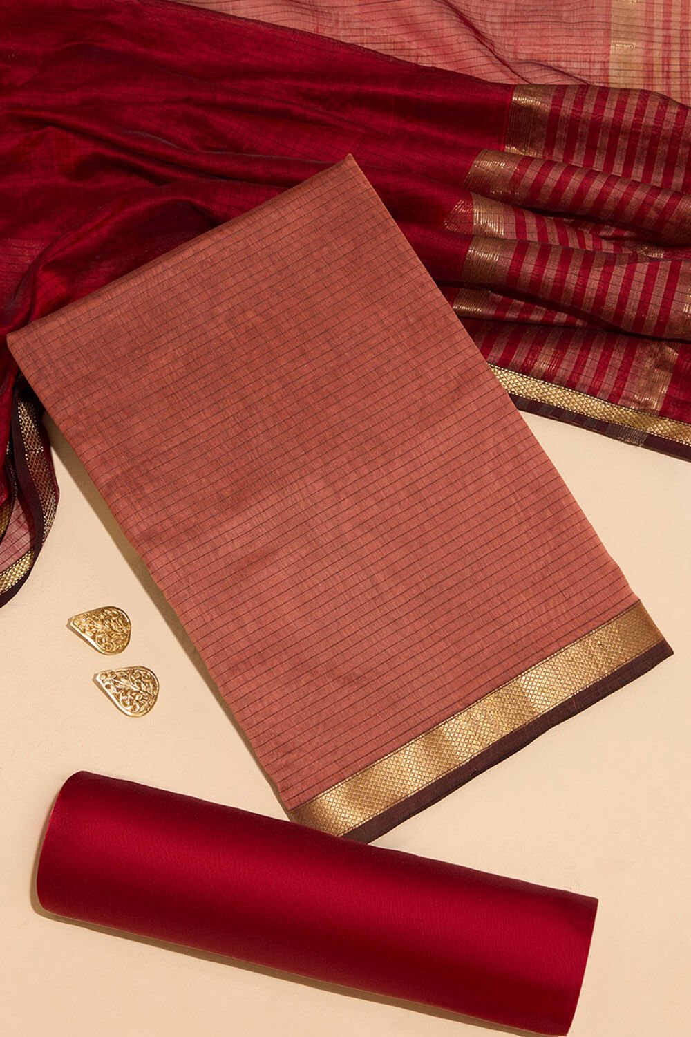 Brown Woven Pure Silk Cotton Unstitched Suit Set image number null
