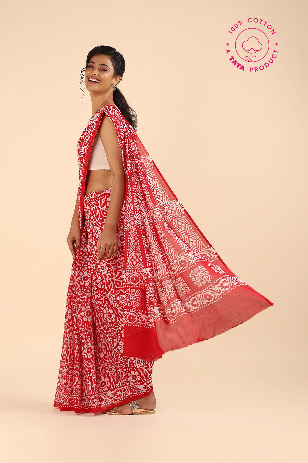 Red Pure Cotton Batik Saree image number null