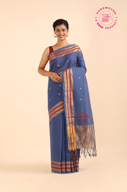 Blue Pure Khadi Cotton Ponduru Jamdani Saree