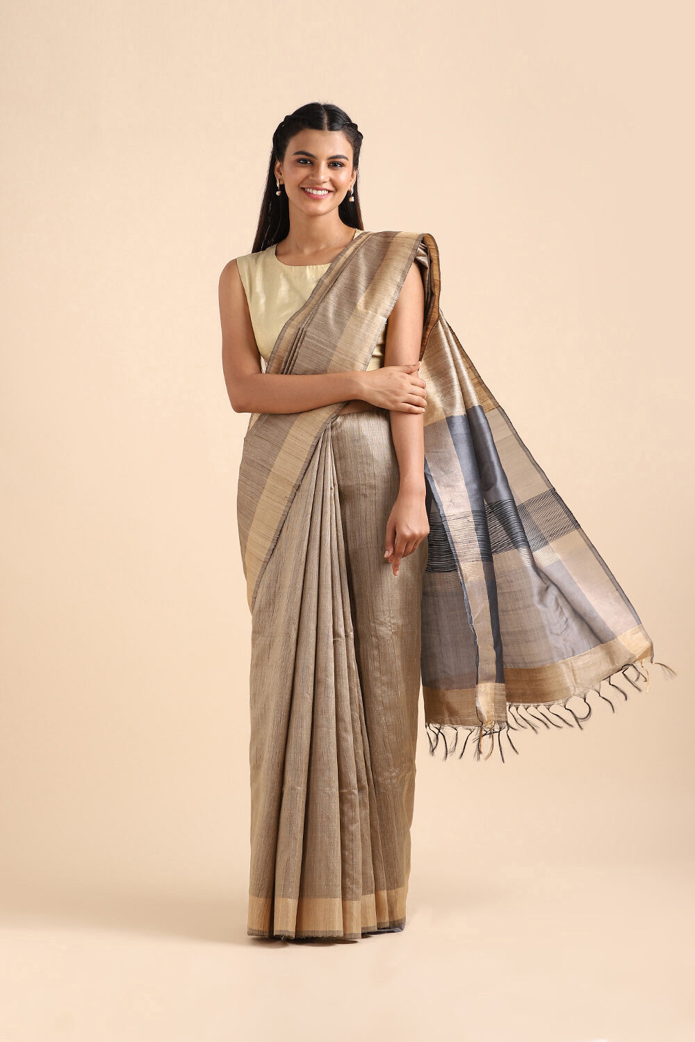 Grey Pure Tussar Bhagalpuri Saree image number null