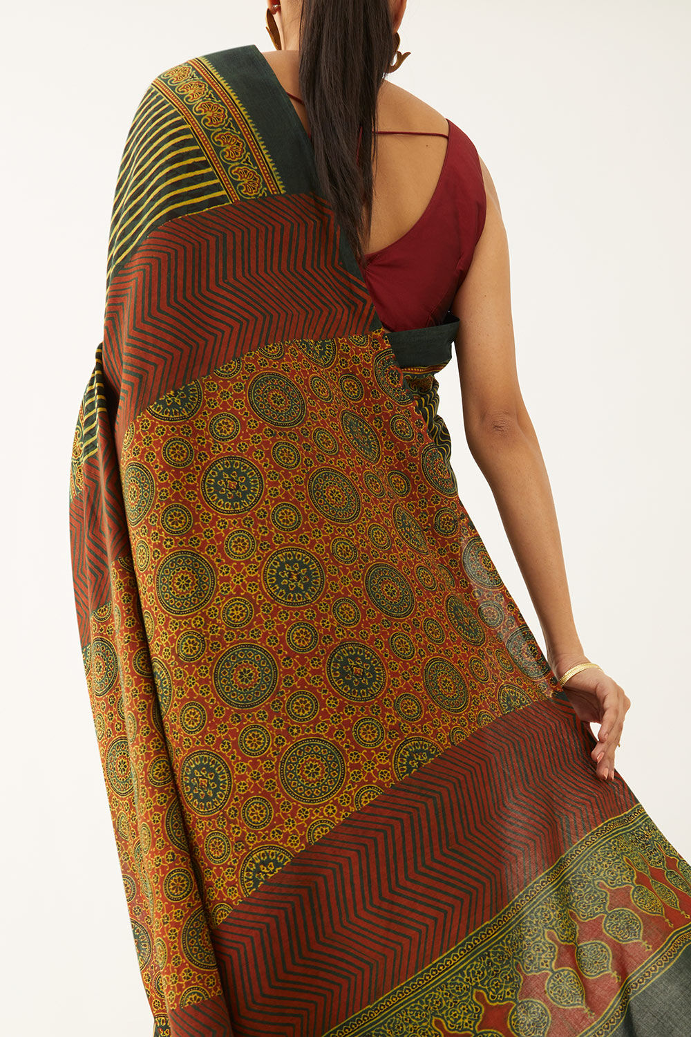 Green Pure Cotton Ajrakh Block Print Saree image number null