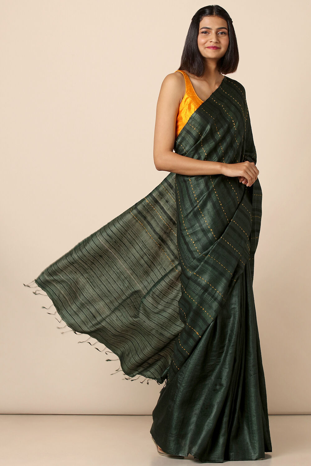 Dark Green Handwoven Pure Tussar Silk Saree image number null