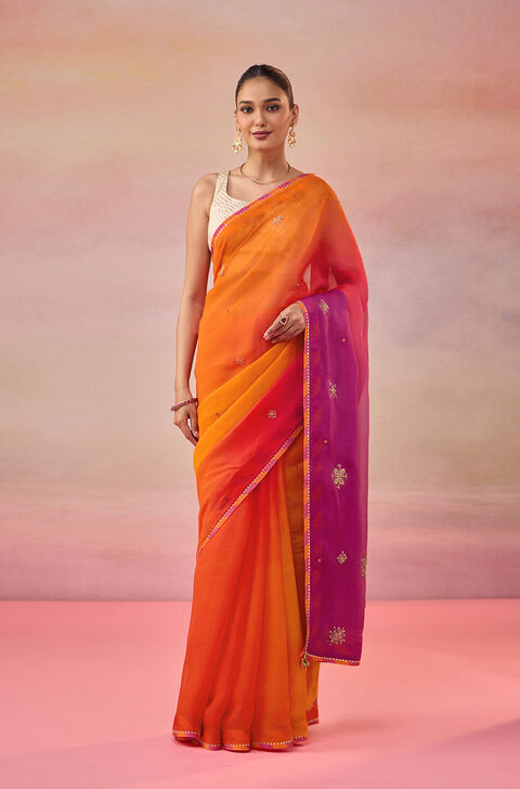 Orange Viscose Organza Embroidered Saree