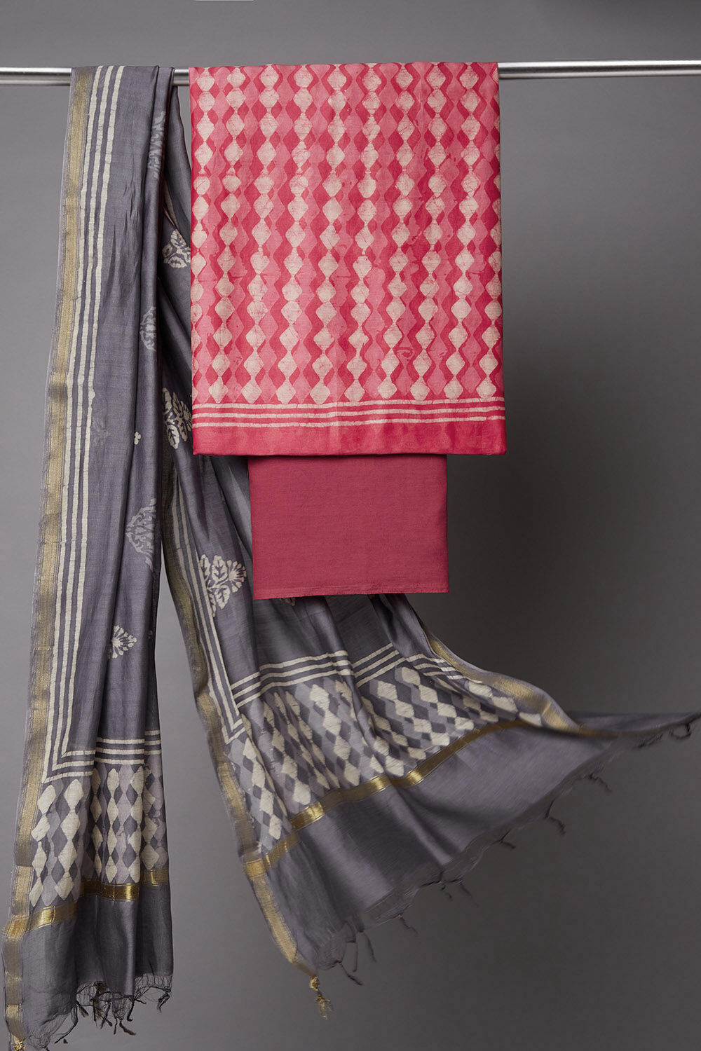 Pink Silk Cotton Block Printed Unstitched Suit Set image number null