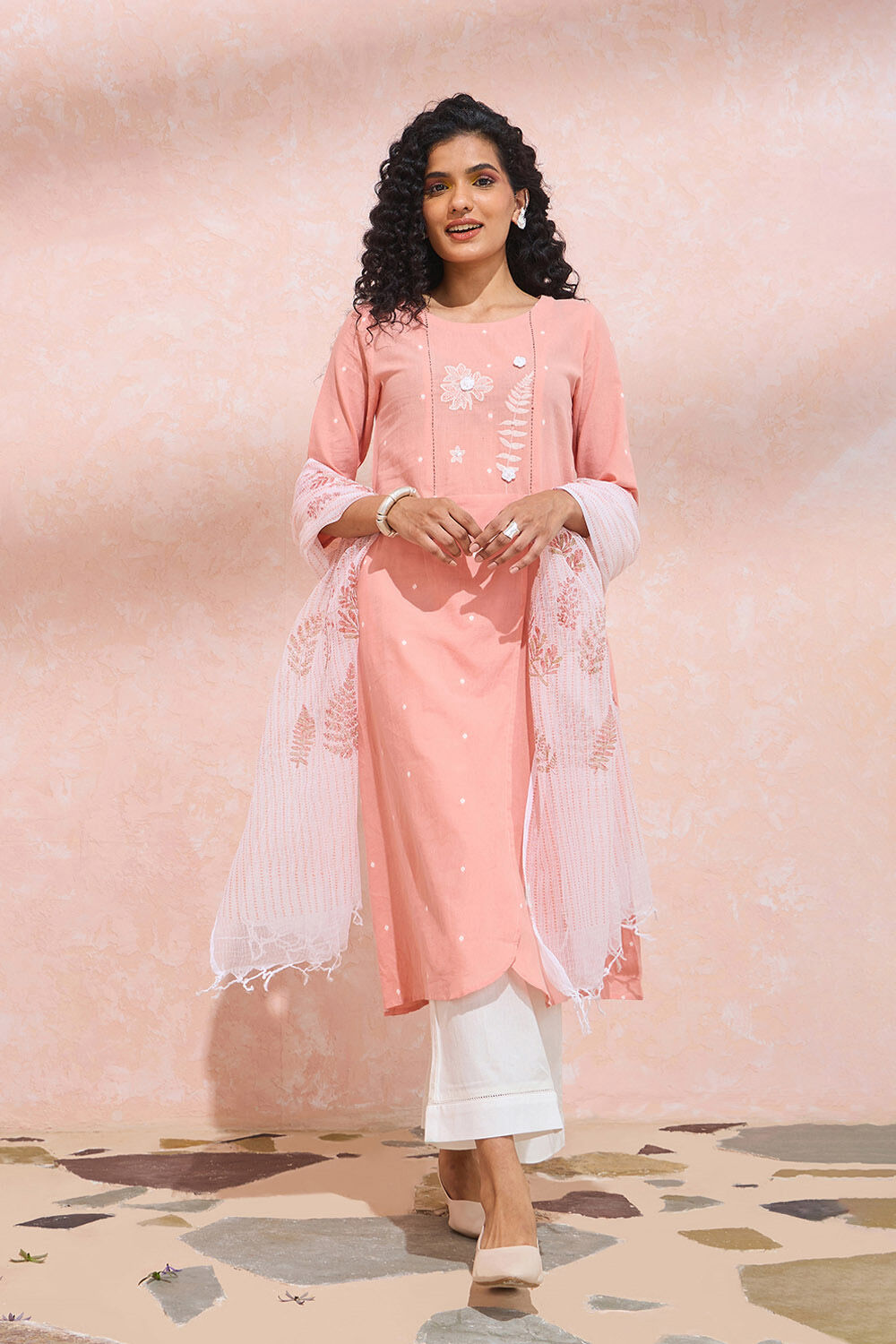 Light Orange Pure Cotton Printed Embroidery Kurta Set image number null