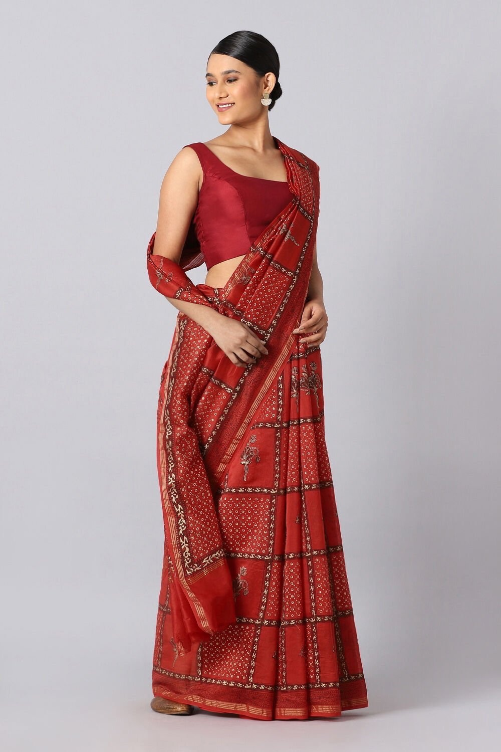 Red Pure Silk Cotton Sanganeri Printed Saree image number null