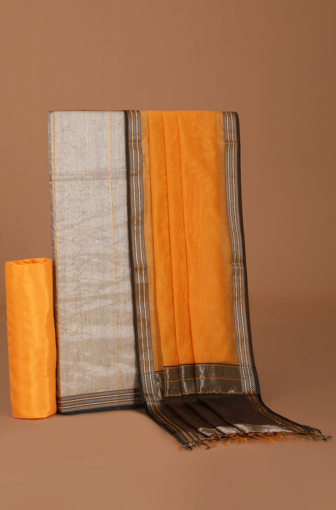 Brown Woven Pure Silk Tissue Unstitched Suit Set