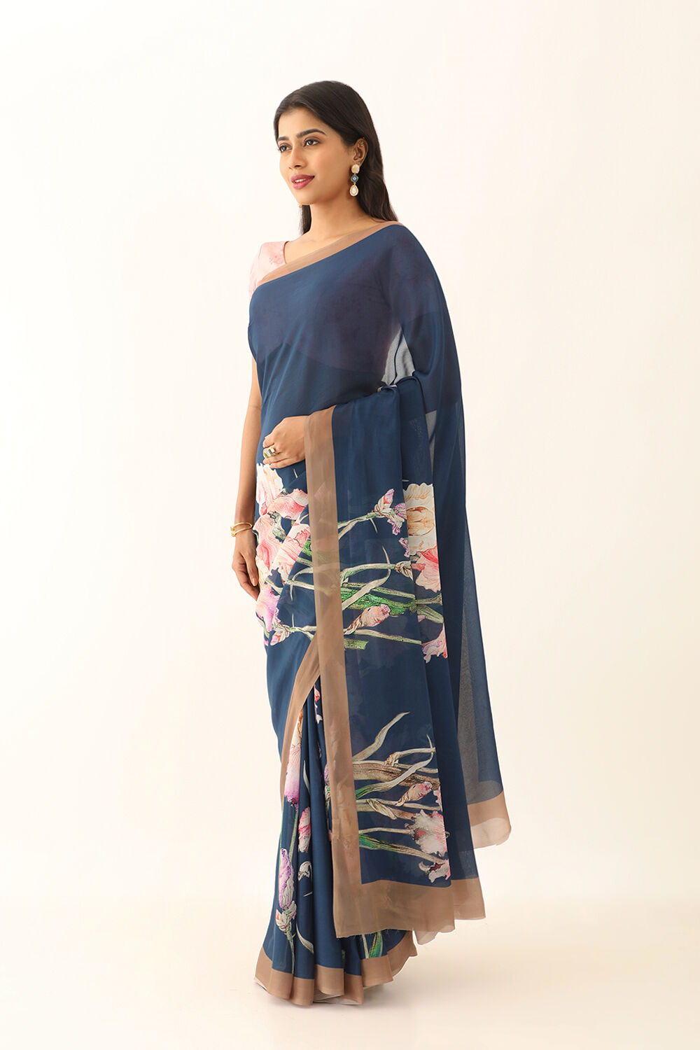 Blue Viscose Crepe Digital Print Saree image number null