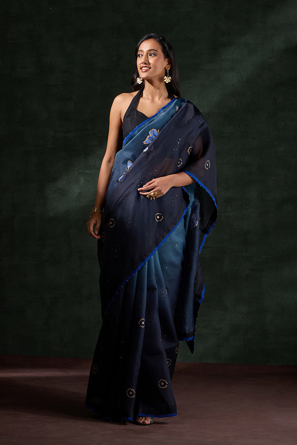 Blue Pure Silk Organza Printed Embroidered Saree image number null