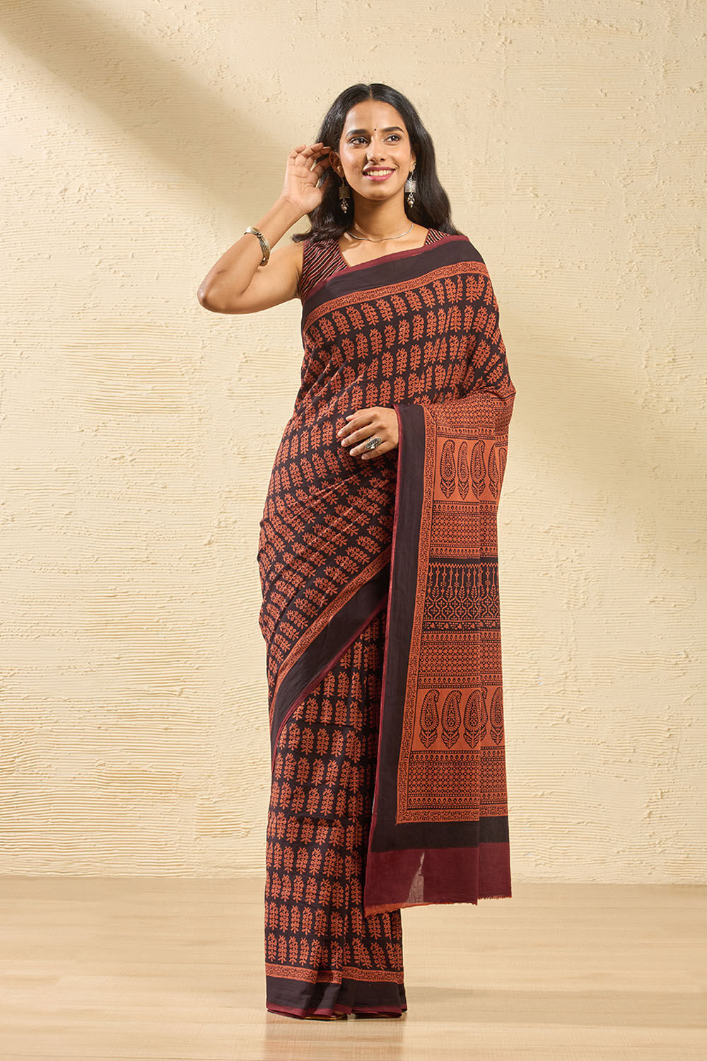 Dark Orange Bagh Block Printed Pure Cotton Saree image number null