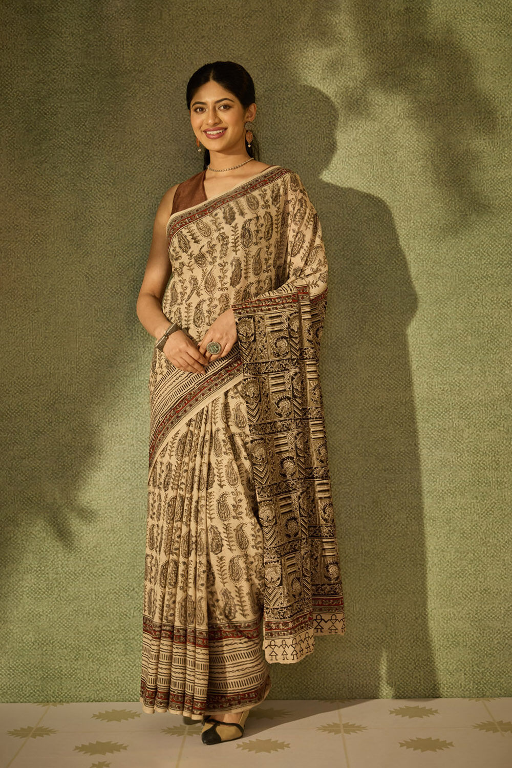Beige Printed Kalamkari Machilipatnam Pure Cotton Saree image number null