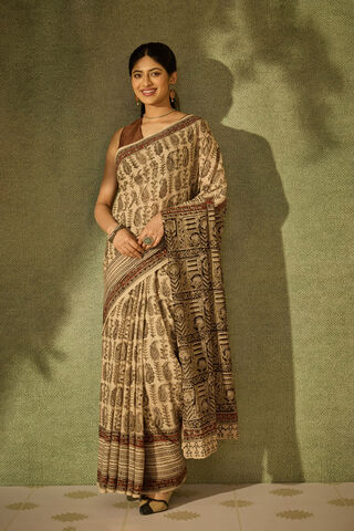 Beige Printed Kalamkari Machilipatnam Pure Cotton Saree image number