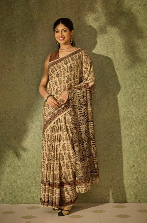 Beige Printed Kalamkari Machilipatnam Pure Cotton Saree