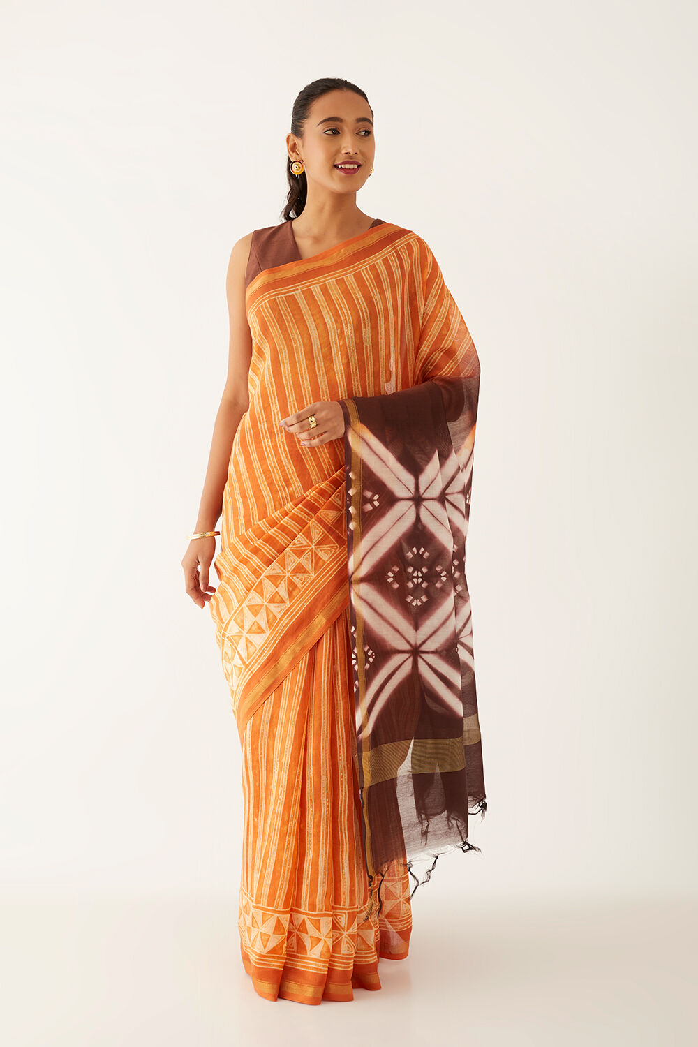 Orange Pure Silk Cotton Shibori Saree image number null