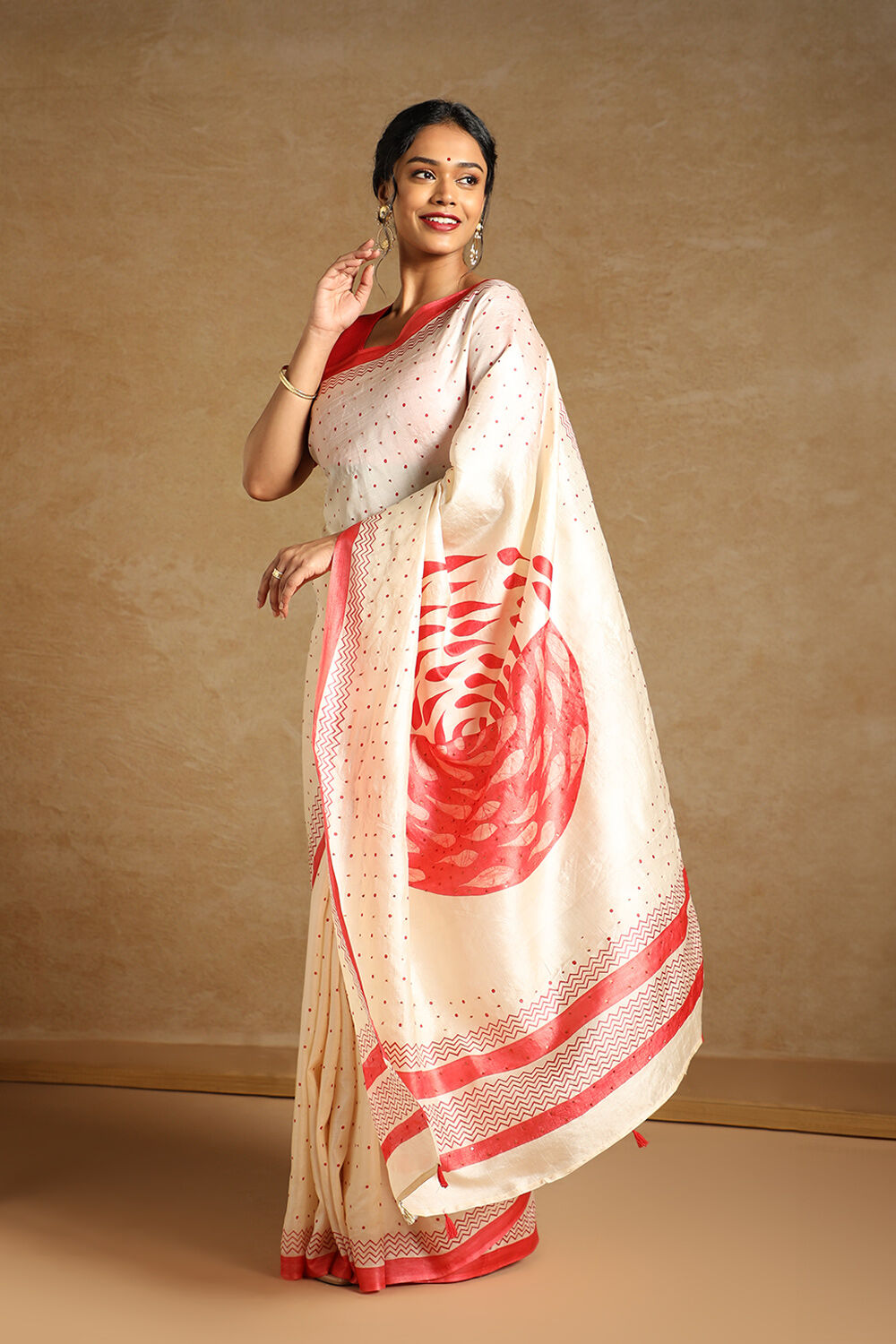 Beige Pure Tussar Silk Hand Painted Saree image number null