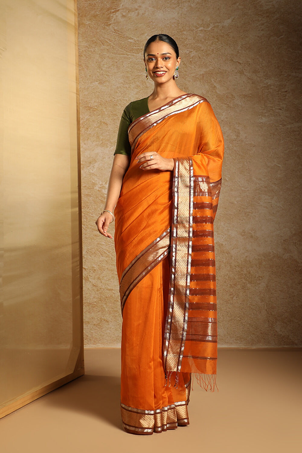 Orange Woven Pure Silk Cotton Maheshwari Saree image number null