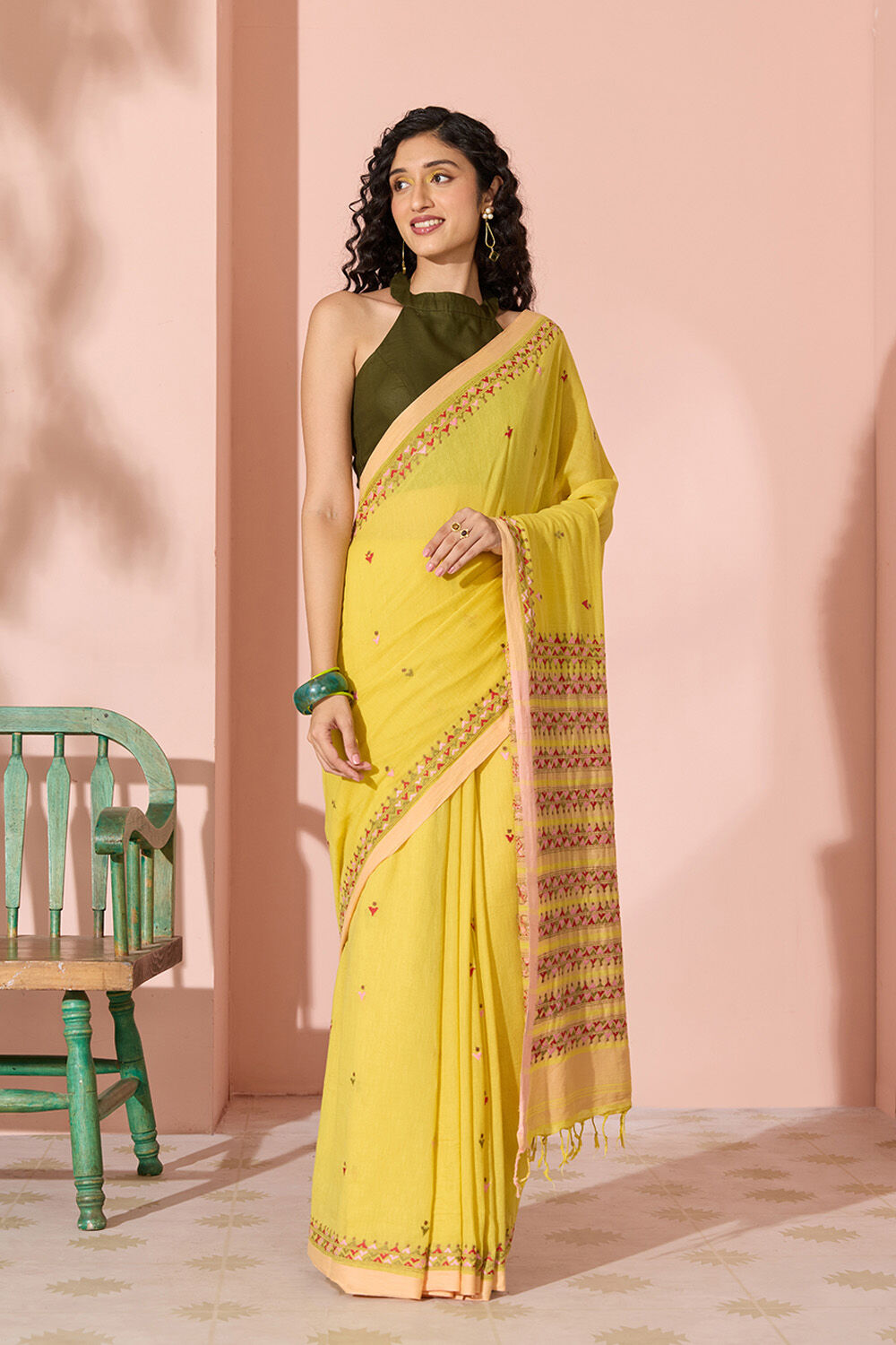Yellow Kantha Embroidered Pure Cotton Bengal Saree image number null