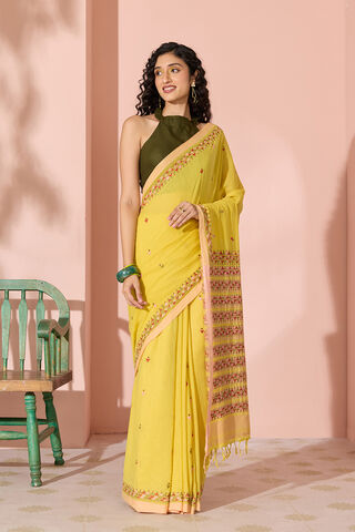 Yellow Kantha Embroidered Pure Cotton Bengal Saree thumbnail image number null