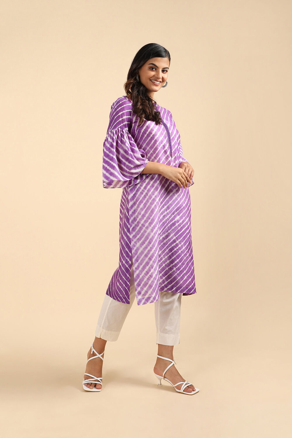 Light Violet Silk Cotton Tie and Dye Leheriya Kurta image number null