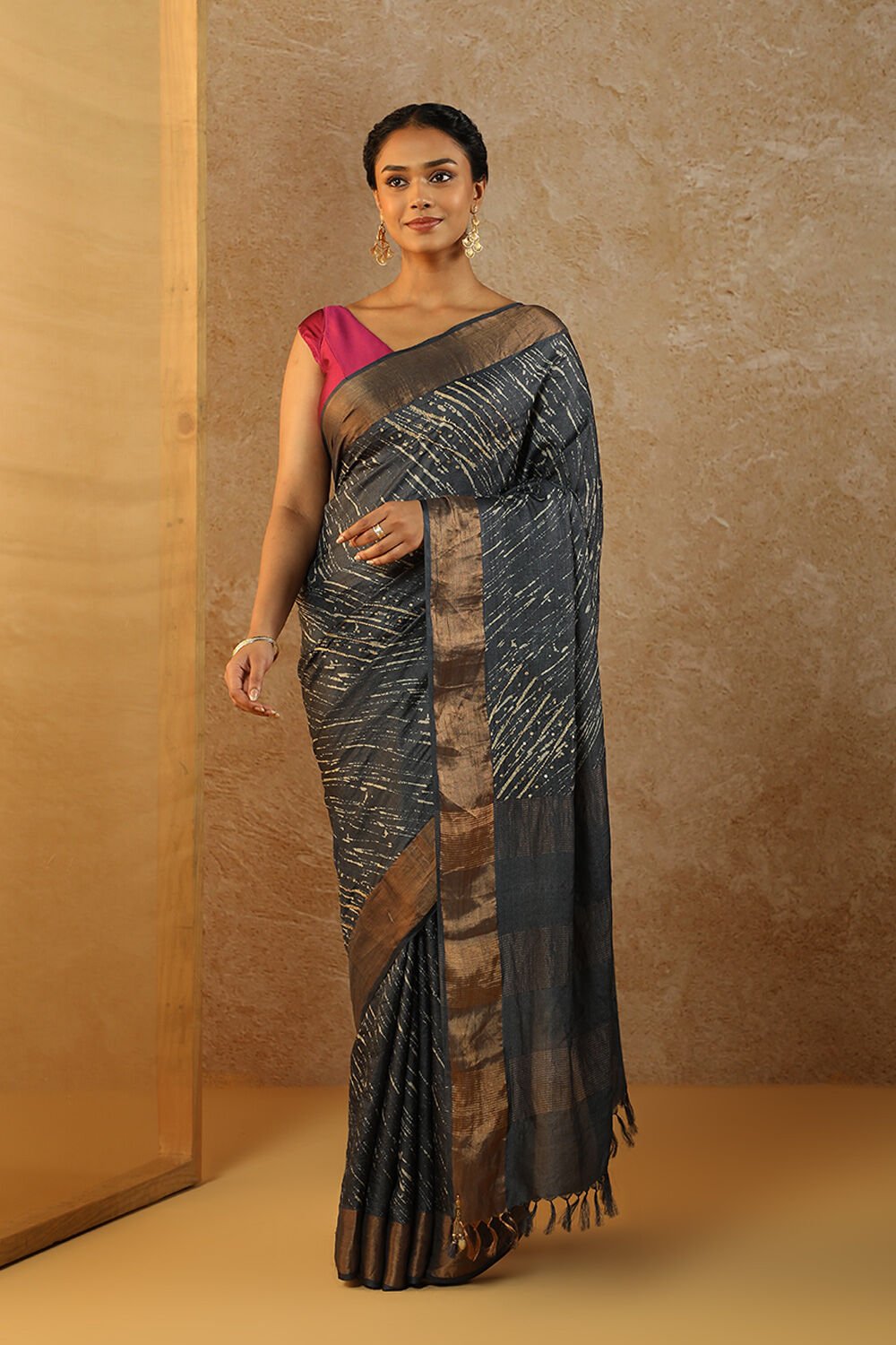 Navy Pure Tussar Silk Hand Painted Saree image number null