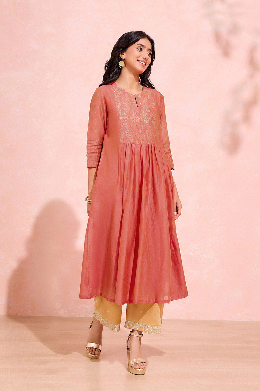 Red Block Printed Pure Silk Cotton Kurta Set image number null