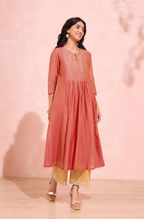 Red Block Printed Pure Silk Cotton Kurta Set