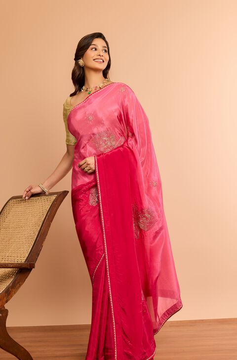 Pink Viscose Organza Embroidered Saree