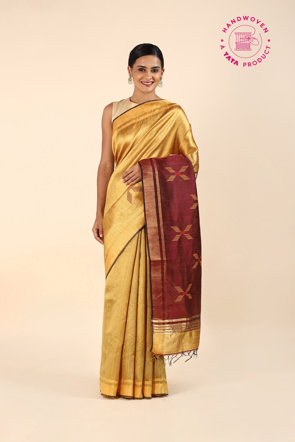 Dark Yellow Pure Tussar Silk Bhagalpuri Saree image number null