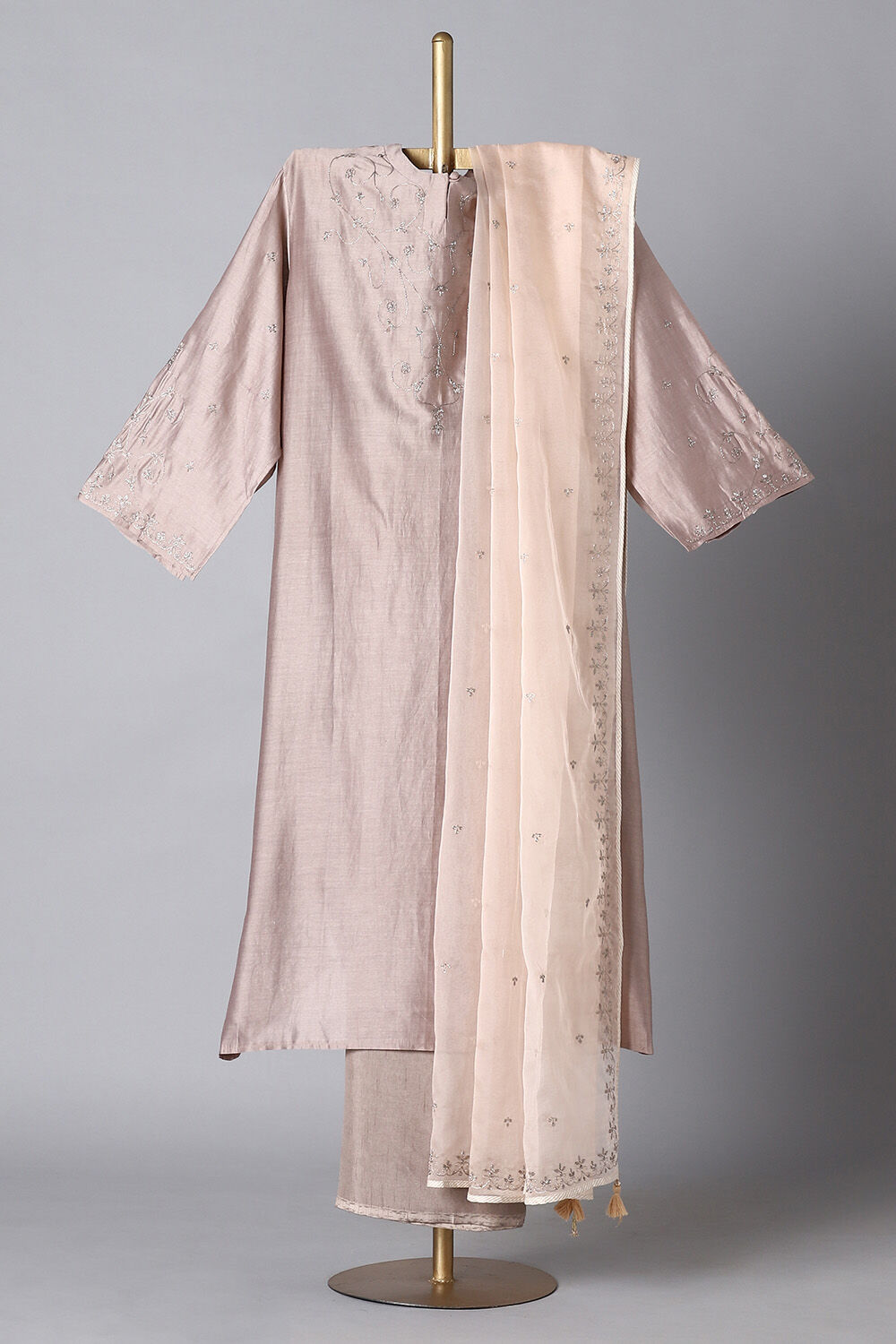 Grey Silk Cotton Embroidered Semistitched Suit Set image number null